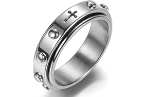 Adreamz 6mm/8mm Black Silver Rosary catholic Spinner Ring for Anxiety Relief Fidget with Beads Cross Lord Prayer Stainless St