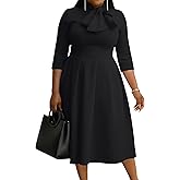 FANDEE Midi Dress for Women Casual 3/4 Sleeve Semi Formal Fit and Flare Dress Classy Tie Neck Work Business Dresses