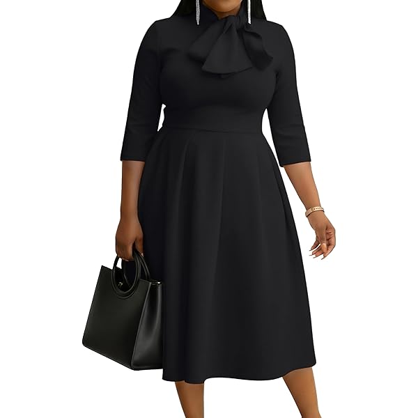 SEYUTWET Dress for Women,Women's Bow Tie Neck Summer Casual Midi Dress Puff  Short Sleeve Loose Solid Shift Dress Black at Amazon Women's Clothing store