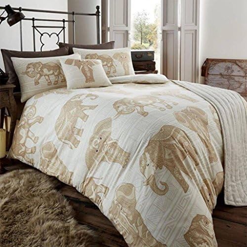 Full Size Elephant Tribal Print Bedding Set Duvet Cover Pillow Cases Cushion and Runner - Natural 5 Piece Set
