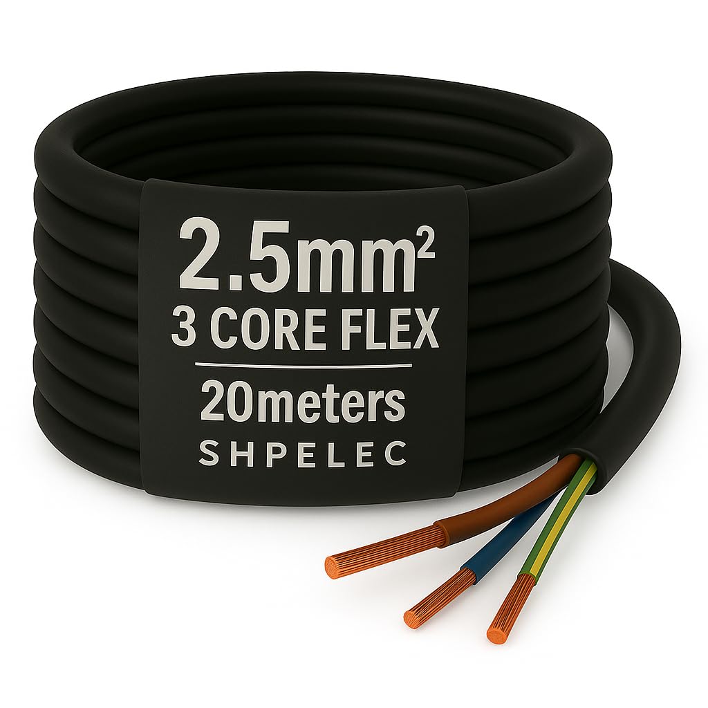 SHPELEC® FLEXIBLE Black Cable 3183Y 0.75mm, 1.0mm, 1.5mm, 2.5mm BASEC Approved Black PVC LED Lighting 5m 10m 15m 20m 50m (2.5mm 3 Core - 20metres)