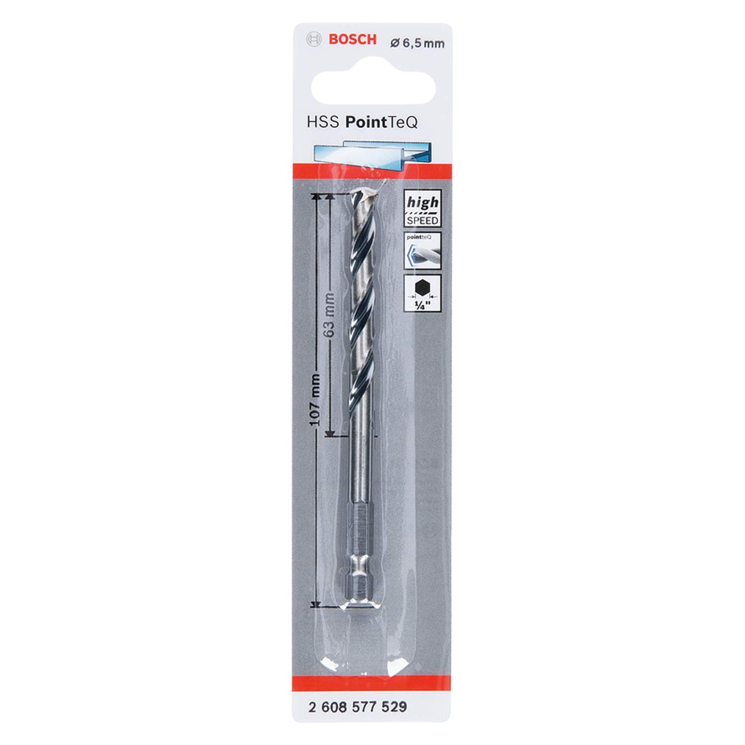 Bosch Professional PointTeQ Hex Drill Bit (for Metal, Ø: 6,5 mm, Total Length: 107 mm, ¼’’ Hex Shank, Accessory for Impact Drivers and Drill Drivers)