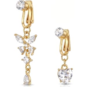 Qulkws Fake Belly Button Ring, 2Pcs Gold Clip On Fake Belly | Button Piercing for Women, Butterfly Heart Shaped Fake Bellybut