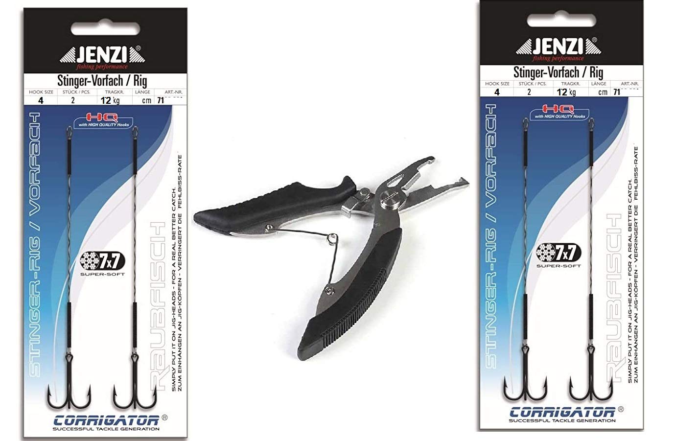 Set: 2 Packs (4 Pieces) Jenzi Stinger Rig 7x7 Hook Size 4, 12 kg, 8 cm + Fishing Scissors