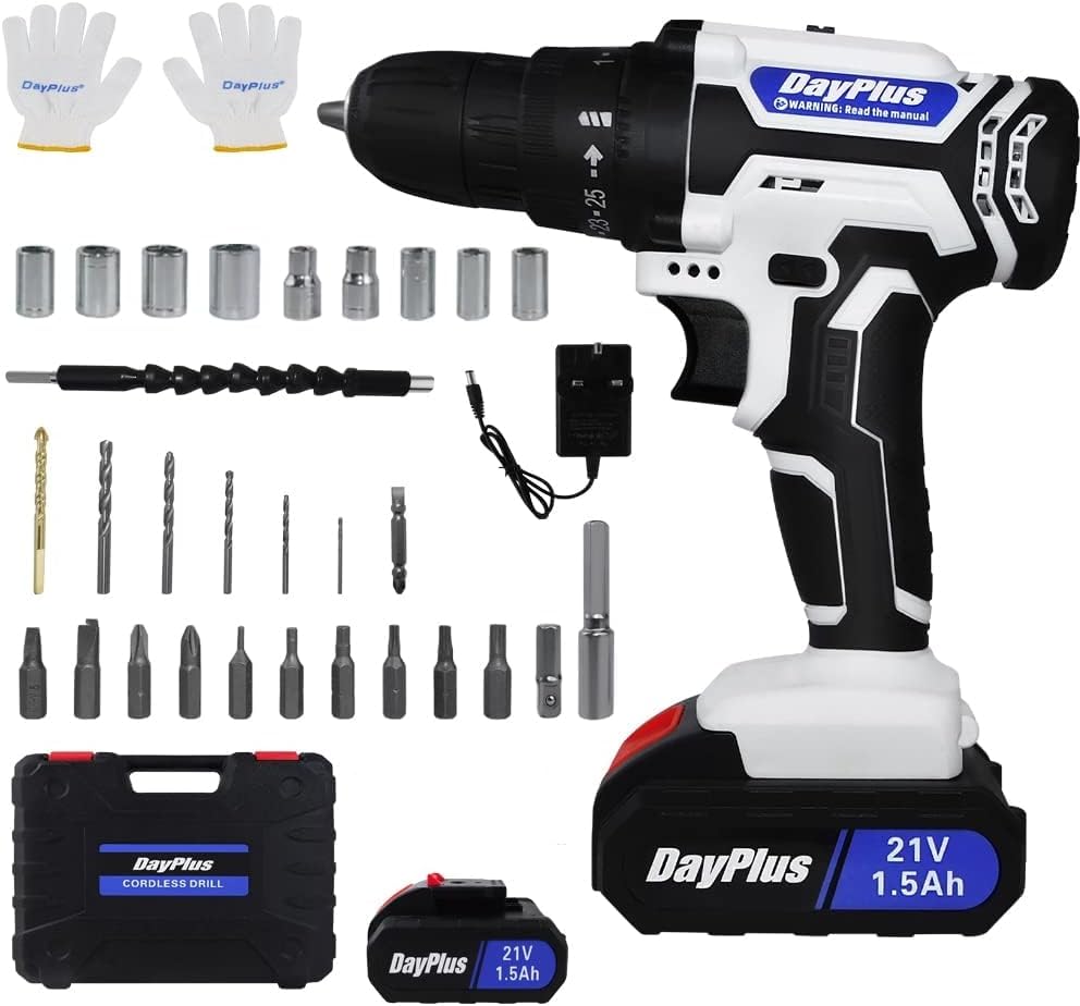 Cordless Power Drill Set Electric Screwdriver Drill Set with 2-Variable Speed, 25+1 Torque with Led Light,21V Li-ion Battery&Fast Charger,3/8