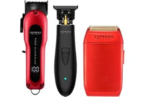 Supreme Trimmer 3-in-1 Barber Bundle | Pro Clipper, DLC T-Shaper Trimmer & Crunch Foil Shaver | Professional Beard Trimmer Men’s Hair Clipper Kit | Red