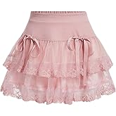 Floerns Women's High Waist Embroidery Mesh Layered Hem Bowknot Y2k Mini Skirt