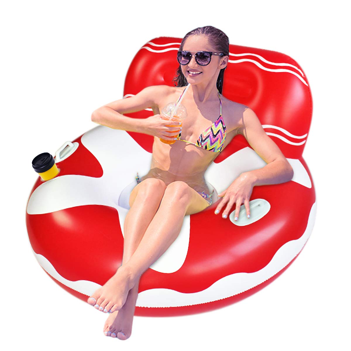 Pool floats for adults, Adult pool float, mesh bottom pool raft, with two handle and a big cup holder, Great for chilling in the pool,Red.
