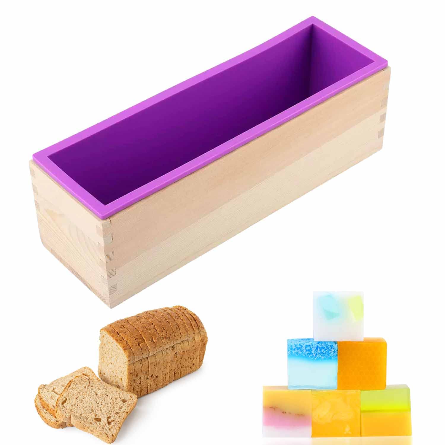 Lovesmile Soap Mold, Rectangular Silicone Mold with Wood Case, 1200ML, Purple