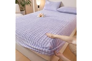 Winter Fitted Bed Sheets,11.8" Deep Velvet Sheet Thickened Warm Super Soft Fluffy Rabbit Fur Plush Stripe Textured Set with P
