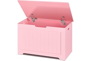 SUPER DEAL Storage Chest, 30 inches Chest Box Organizer with 2 Safety Hinges, Wooden Entryway Storage Bench, Pink