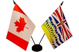 Canada & British Columbia Province Twin Desk Flag Set - 8 x 5 Inches Deluxe Table Flags With Stand, Miniature BC Stick Flag