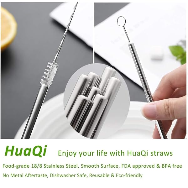 SET OF 10 STAINLESS STEEL STRAWS, HUAQI STRAIGHT REUSABLE STRAIGHT DRINKING STRAWS 10.5” LONG 0.24‘’ DIA FOR 30 OZ TUMBLER AND 20 OZ TUMBLER, 2 CLEANING BRUSH INCLUDED