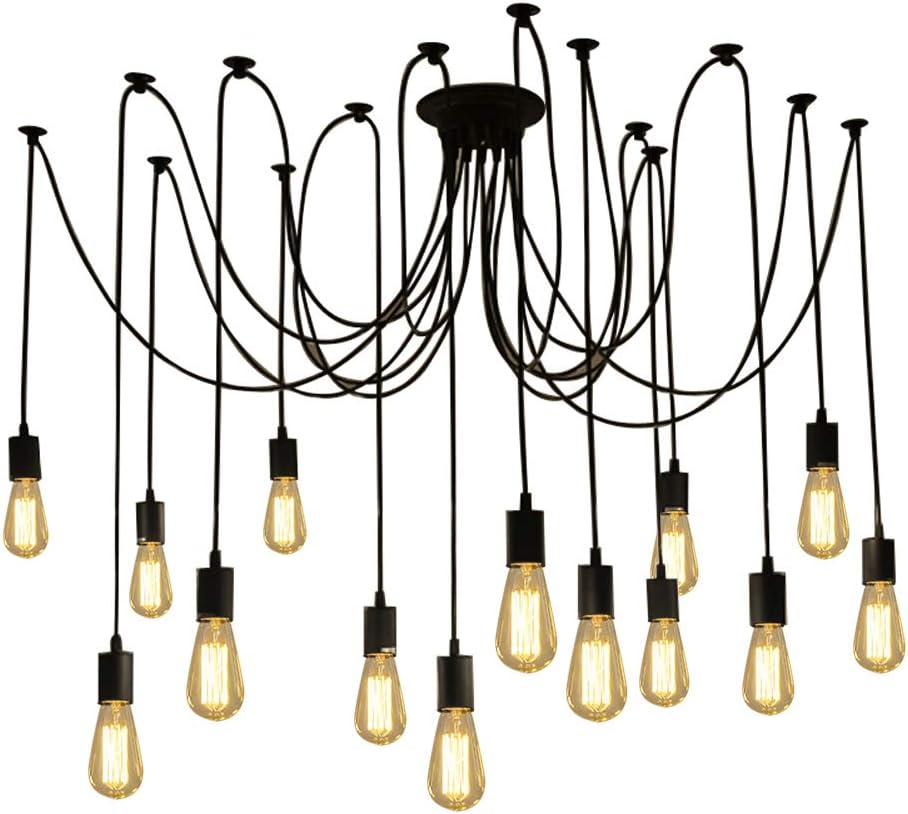 Fuloon Vintage Edison Multiple Ajustable DIY Ceiling Spider Lamp Light Pendant Lighting Chandelier Modern Chic Industrial Dining with Romote Control (14 Head Cable 200cm/78.7inch Each) - - 
