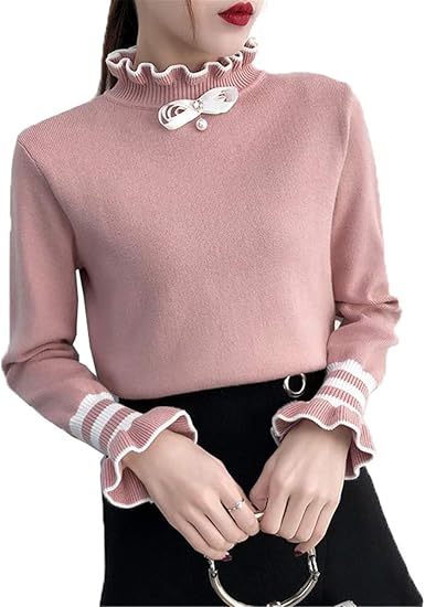 Amazon ベィジャン レディース ニット 長袖 フリル ニットソー リボン セーター スリム ストライプ かわいい 大人 カジュアル 厚手 インナー ファッション 秋冬 ピンクf セーター 通販