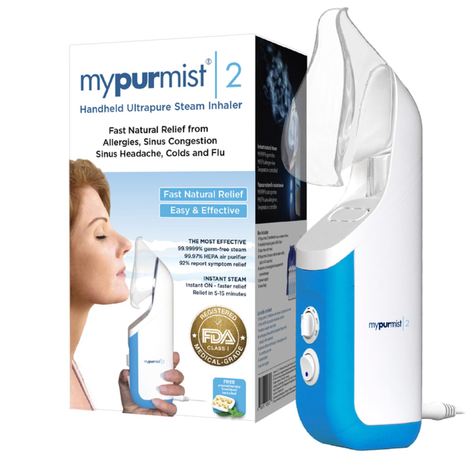 MYPURMIST® Handheld Ultrapure Instant Steam Inhaler – Fast Allergy Nasal Congestion Cold Cough Sinus Relief - Aromatherapy Vaporizer Steamer Humidifier, Voice Care, FSA/HSA/FDA Listed