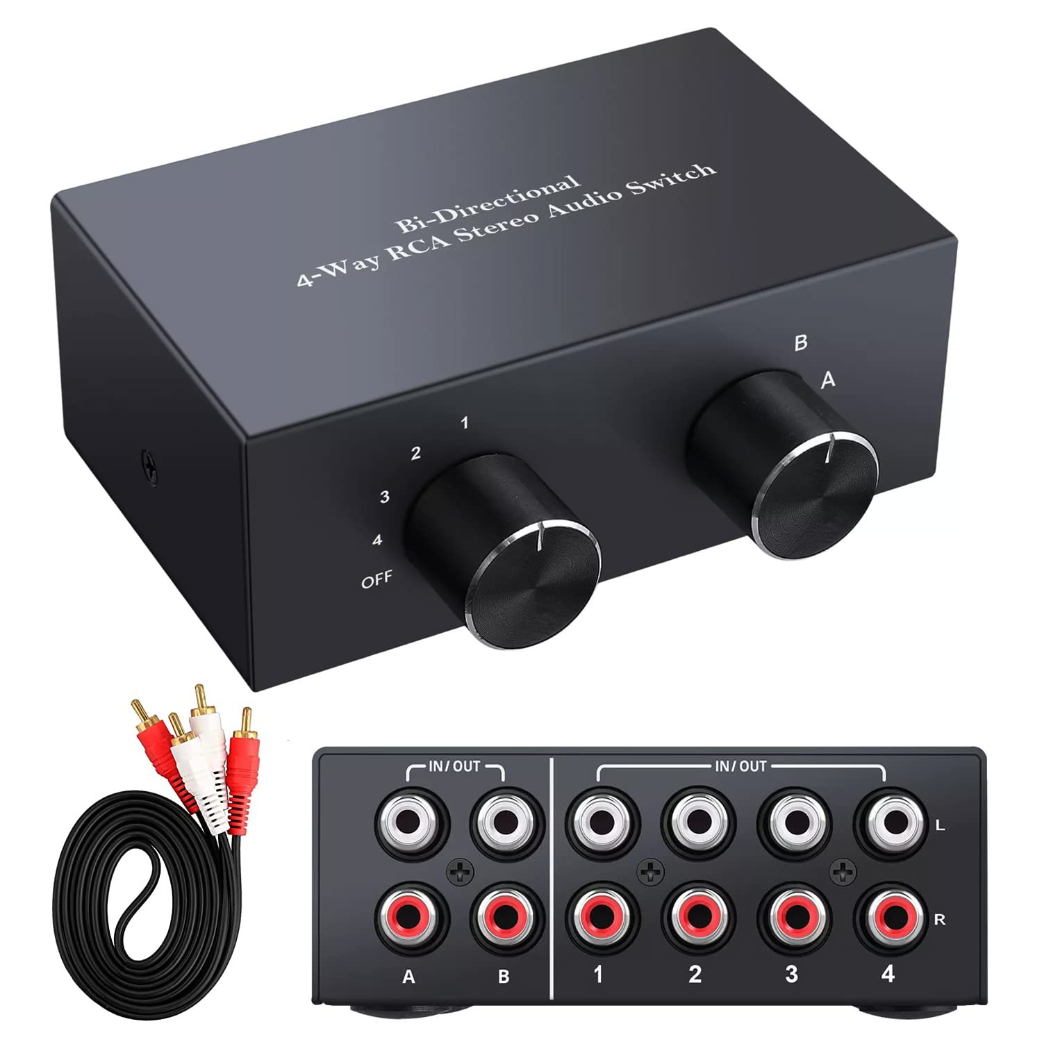 XMSJSIY 4-Way Bi-Directional L/R RCA Stereo Audio Switcher, 2 in 4 Out or 4 in 2 Out, RCA Audio Switch L/R Sound Channel Audio Splitter Audio Selector Switch Box for DVD Stereo Speaker CD Player