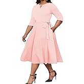 Runwind Plus Size Dresses, Women Casual Midi A-Line Swing Fit and Flare 3/4 Sleeve Wedding Guest Cocktail Church Dress