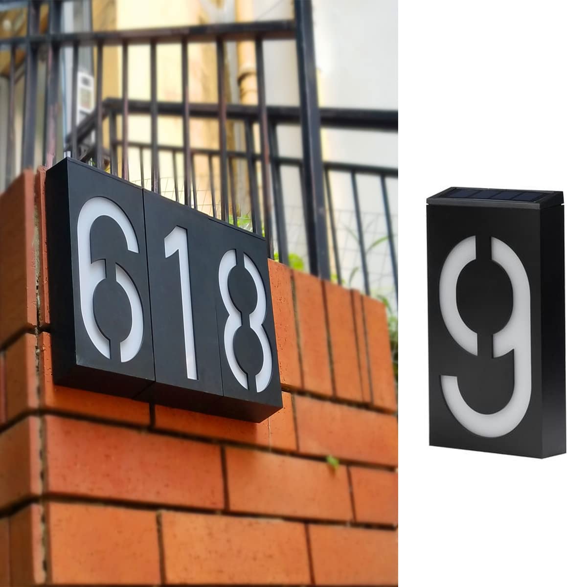 TINYOUTH Solar House Number - Number 9, Door Number Plaques Light for Wall, 6 LED House Numbers Plaque with Lights, IP55 Waterproof House Finder for DIY House Sign