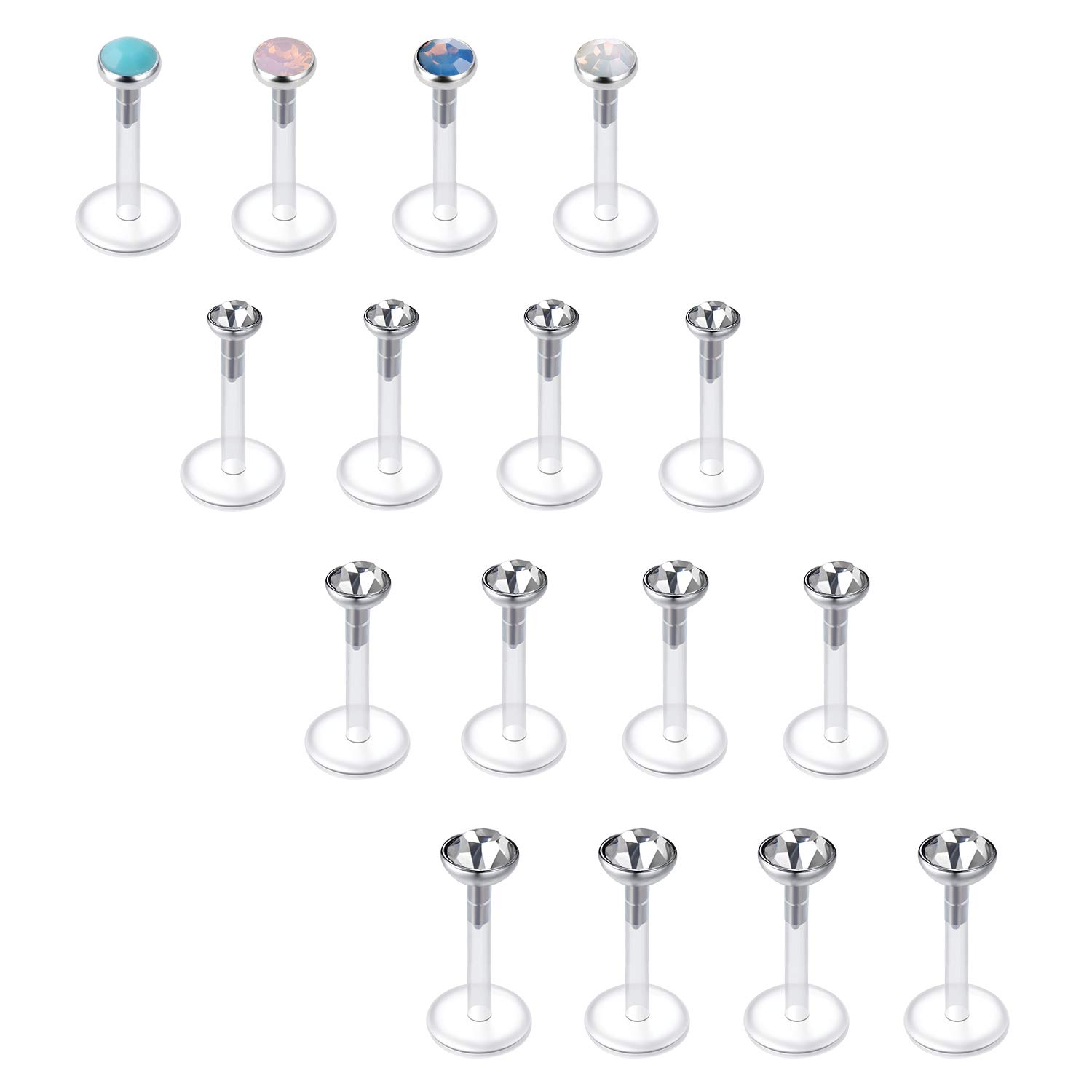 Briana Williams 16pcs Clear Lip Labret Bars Studs Retainers Bioflex 16G Medusa Crystal Opal 6/8/10mm Piercing Jewellery