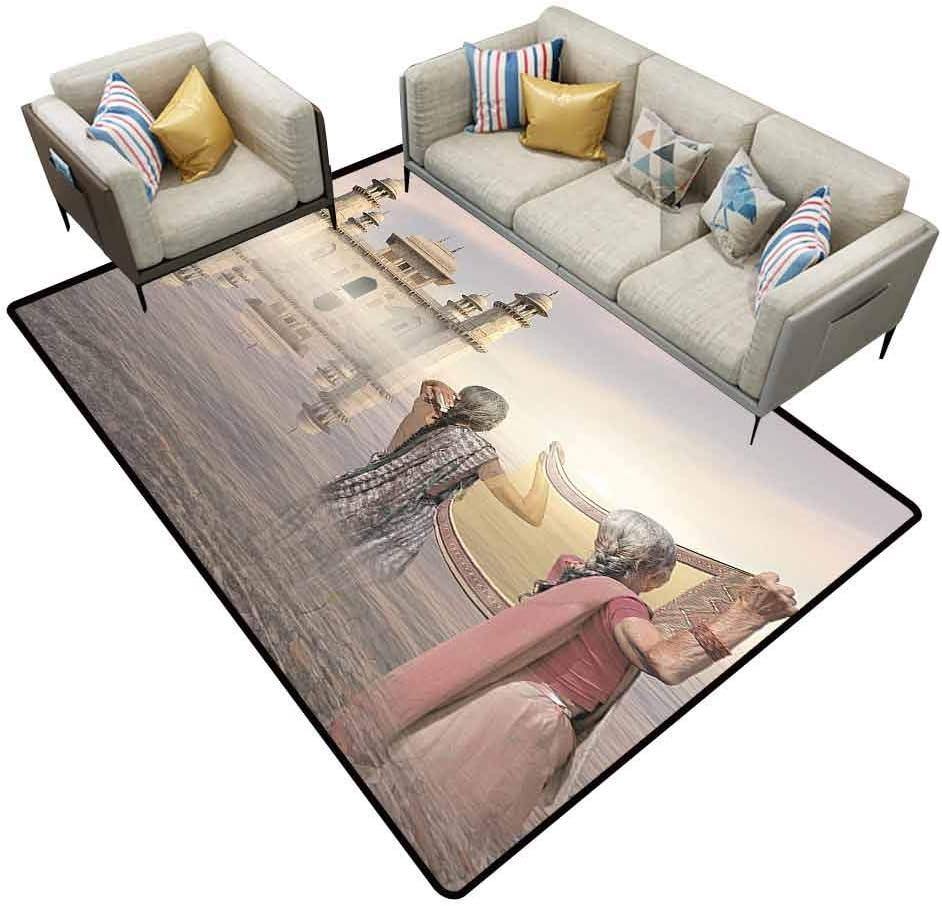 Carpet Rug Ancient India Women Cleaning in The River Before Historical Monument Design Beige Pink Runner Rug for Hallway Area 5'x8'