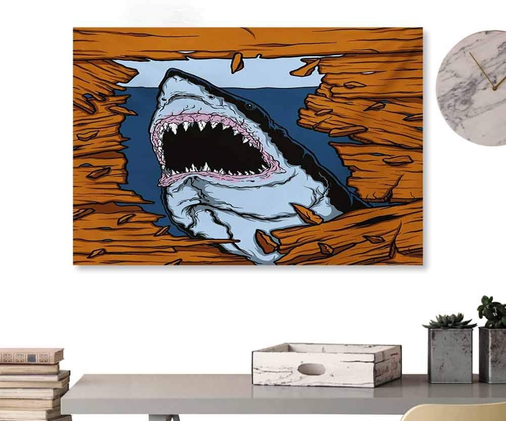Glifporia Canvas Prints Shark,Wild Fish Breaking Wooden Plank Danger Sign Killer Creature Fun Illustration, Ginger Dark Blue for Bathroom Bedroom Pictures