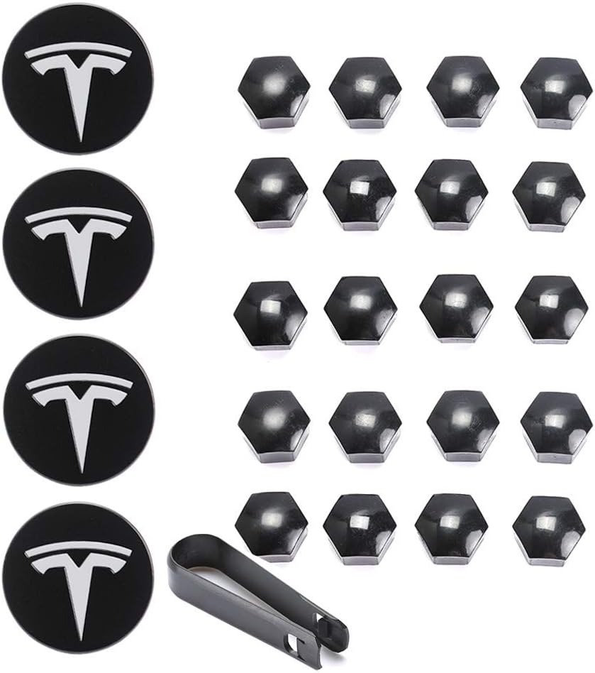 Tesla Model 3, S & X Aero Wheel Cap Kit White (4 Hub Center Cap + 20 Lug Nut Cover) (White)