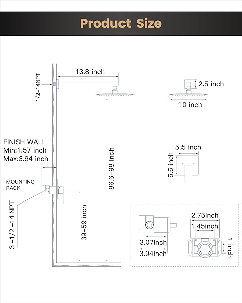 AIRUIDA SHOWER FAUCET SET WITH FEMALE THREAD ROUGH-IN VALVE, RAINFALL SHOWER HEAD AND HANDLE SET, SINGLE FUNCTION VALVE TRIM KIT, 10 INCH MATTE BLACK