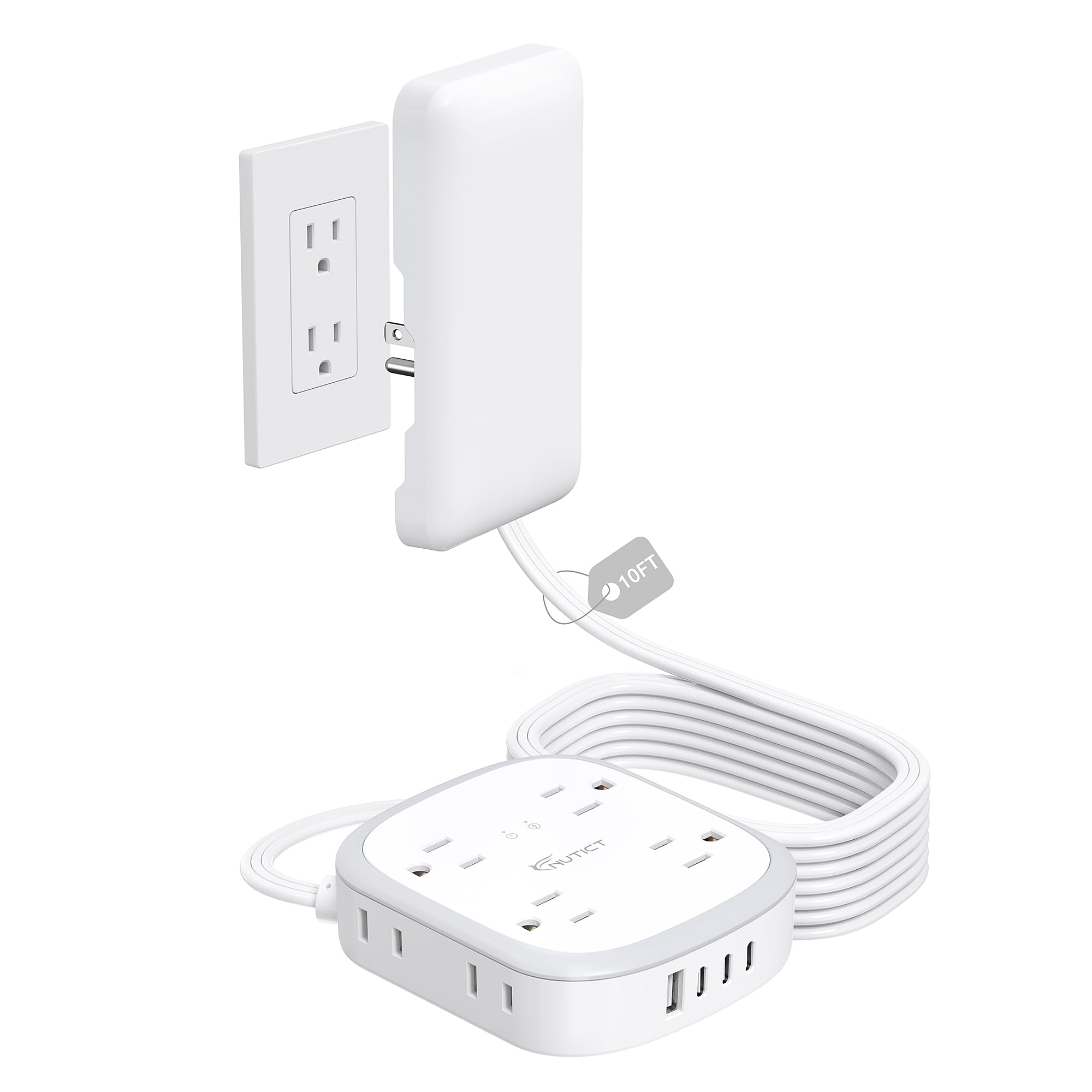 Outlet Cover 10FT Long Extension Cord, Surge Protector Power Strip