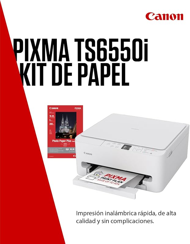 PIXMA TS6550I - Impressora tudo-em-um com conectividade Wi-Fi e ecrã OLED PIXMA Print Plan 1.42 - Inclui papel fotográfico A4 SG-201, 5 folhas