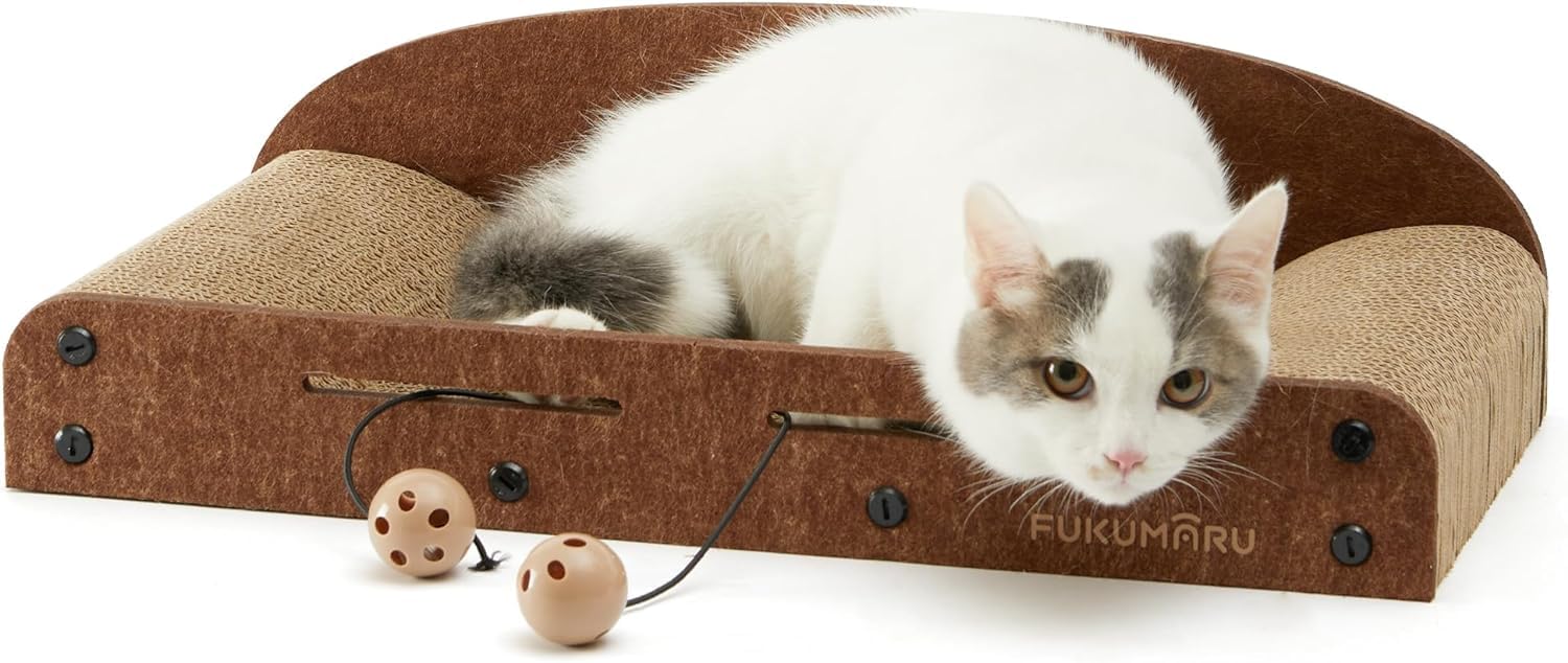 FUKUMARU 53 cm Scratcher Cardboard, Cat Lounger, Durable Scratcher Bed Large With Bell Ball Toy, Recyclable Scratching Pads for Indoor Cats