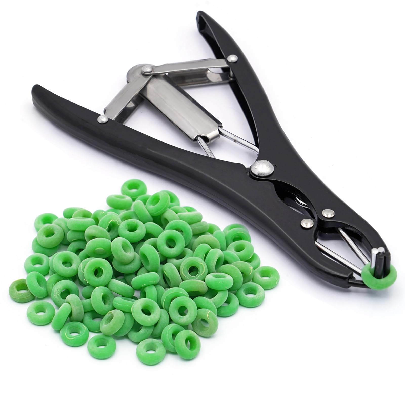BREUAILY Animal Castration Plier Veterinary Tail Cut Tool, Stainless Steel Expansion Forceps for Cattle Horse Pig Sheep, Black Metal Plier for Livestock mit 100 Rubber Rings(Green)