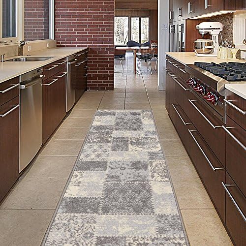Diagona Designs Contemporary Patchwork Design Non-Slip Kitchen / Bathroom / Hallway Area Rug Runner, 20" W x 59 L, Grey / Beige