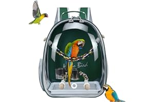 MISYUE Bird Traval Carrier Cage, Multi Vent Holes Clear Space Capsule Astronaut Backpack to Carry Parakeet Cockatiel Parrot with Metal Tray Wood Perch, Vet Transport Book Bag (Green) (Green)