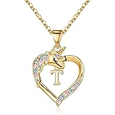 Hidepoo Valentines Gifts for Kids Girls - Unicorn Necklace Gifts for Girls 14K-Gold-Plated Colorful CZ Heart Necklace Girl Jewelry Initial Unicorn Necklaces for Girl Valentines Gift