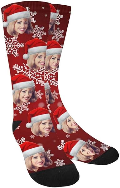 Amazon Com Custom Face On Socks Santa Hat White Snowflake On Red Socks With Personalized Faces On Them Happy New Year Clothing