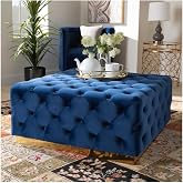 HomeStock Modern Motifs Royal Blue Velvet Upholstered Gold Finished Square Cocktail Ottoman with Luxurious and Contemporary Aesthetic