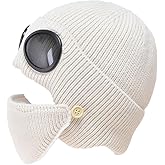 BSYLOO Unisex Winter Ski Beanie Hat with Goggles-Outdoor Knit Beanie Hat with Detachable Mask
