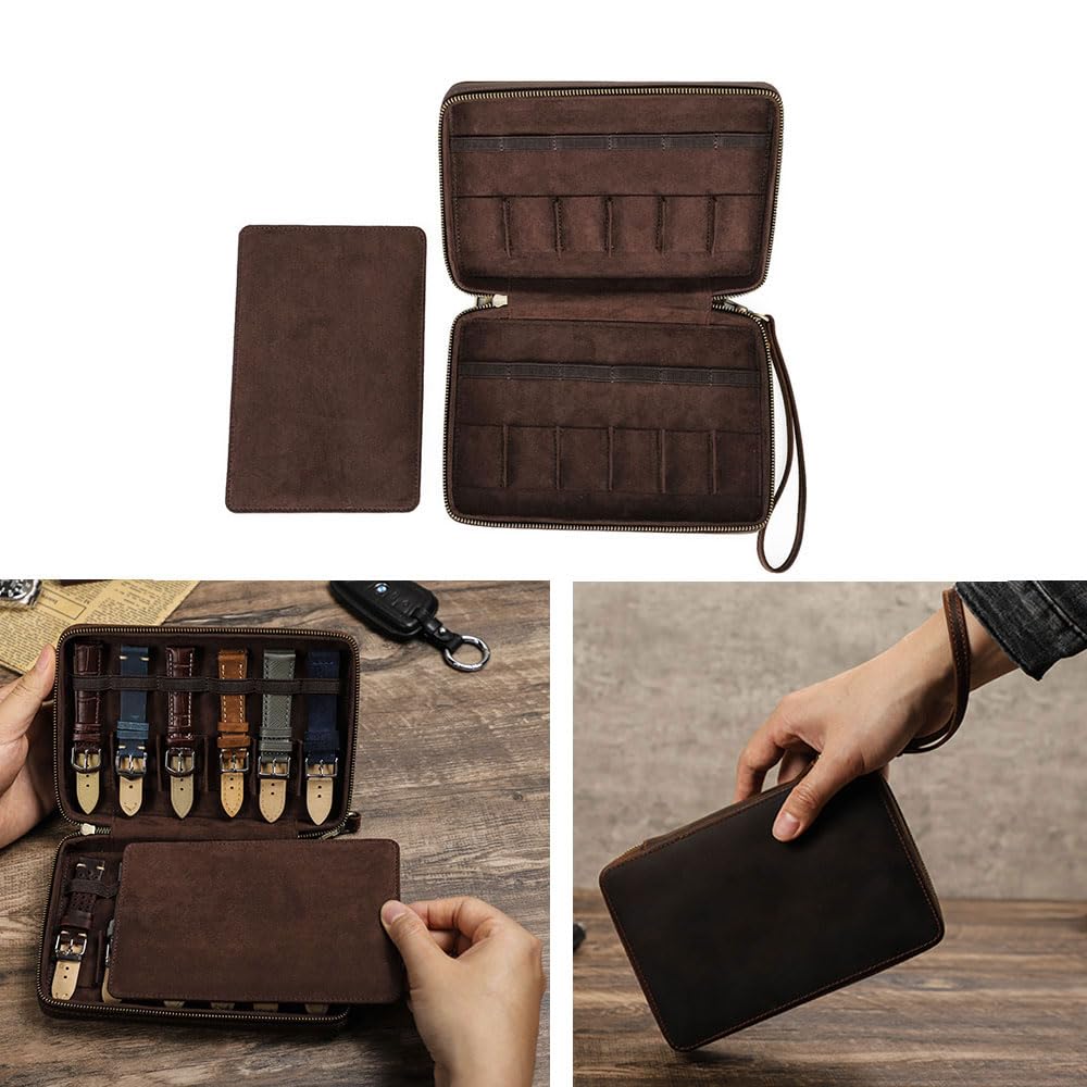 Contacts Watch Band Case Leather Travel 12 Slot Watches Bands Box for Men Watches Strap Holder Storage Organizer Compatible with Most Watch Bands