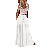 HAEOF Women's Summer Boho Maxi Skirt A-Line Flowy Ruffle Tiered Elastic High Waist Beach Long Skirts with Pockets