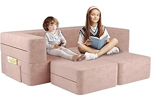 LINOR Modular Designed Toddler Couch, Foldable Loveseat & Two Ottoman, Fold Out Lounger, Kid Couch with Washable and Durable Covers, Sofa for Kids (Pink)