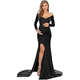 ZIUMUDY Elegant Fitted Maternity Gown Side Split Off Shoulder Long Sleeve Maxi Photography Dress Baby Shower