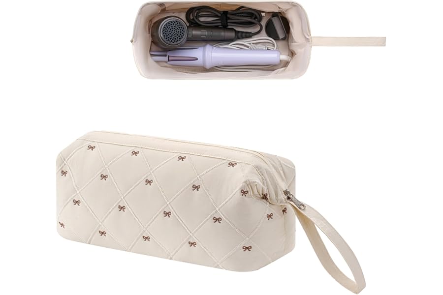 RSRSLEII Large Quilted Hair Tools Travel Bag with Bow Pattern,Waterproof Hair Styling Accessories Storage Case for Shark FlexStyle, Dyson Airwrap Hair Dryer, Curling Iron, Revlon Hair Tools(Beige)