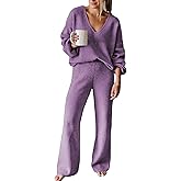 Fixmatti Women 2 Piece Knit Set Long Sleeve Pullover Sweater Top Wide Leg Pant Sweatsuit Outfits