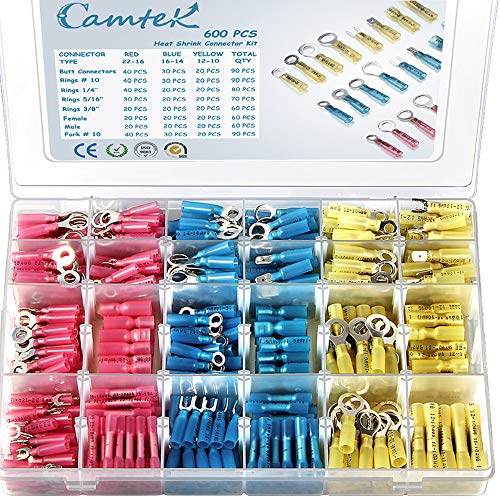 600 PCS Heat Shrink Wire Connectors Terminals, Camtek Waterproof Butt Connectors Electrical Insulated Crimp Terminals Marine Automotive Wire Connectors