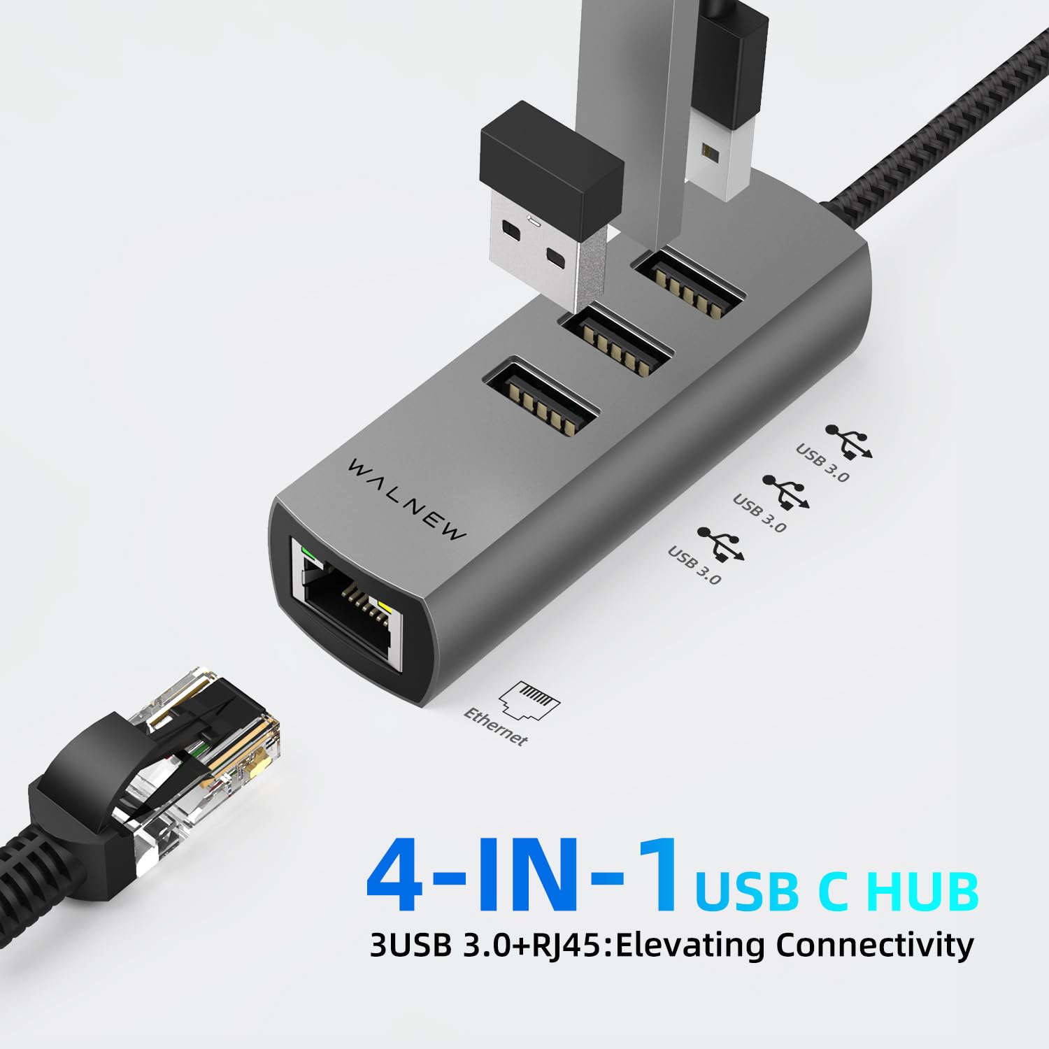 USB-C to Ethernet Adapter, WALNEW USBC to RJ45 LAN Adapter, Gigabit Cat Network Cable Converter to Type C Thunderbolt 3 for Mac,MacBook Pro/Air,Samsung Galaxy Tab (Ehternet+USB-A Port, USB-C)