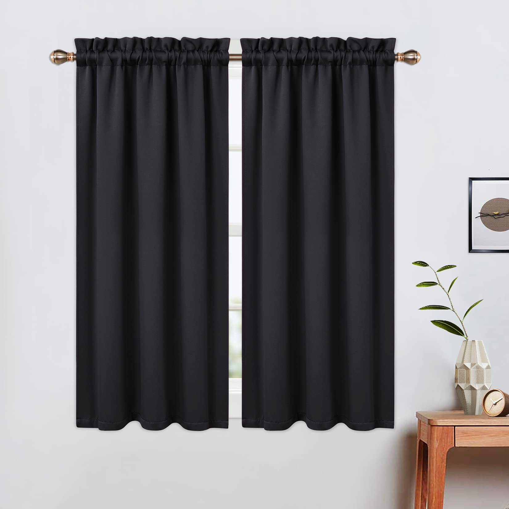 LinTimes Blackout Short Curtains 45 Inches Long for Bathroom Set 2 Panels Rod Pocket Cafe Tier Curtains Light Blocking Blackout Room Darkening Camper Curtains for Small Windows Kitchen Black