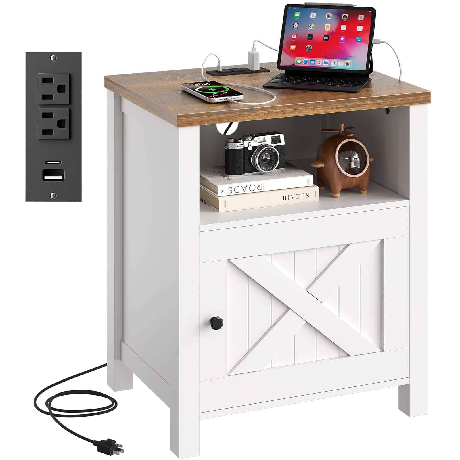 Marsail Farmhouse Nightstand with Charging Station, Wood Bedside Table with USB Port & AC Outlet, Open Shelf and Enclosed Cabinet, Side Table with Storage for Bedroom, Brown and White