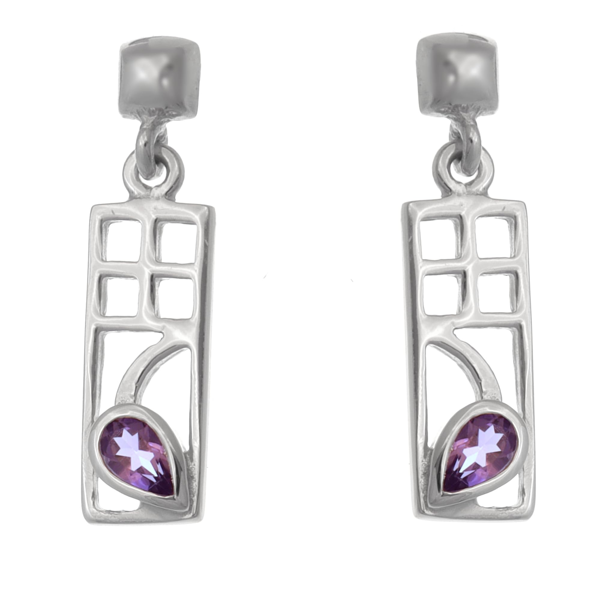 Alexander Castle Charles Rennie Mackintosh Amethyst 925 Sterling Silver Earrings for Women - Drop Earrings with Jewellery Gift Box - 18mm x 7mm