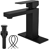 Midanya Bathroom Faucets 1 Hole, Single Handle Stainless Steel Bathroom Sink Faucet, Modern Vanity Faucets with Deck Plate,Water Supply Hoses and Pop Up Drain,Matte Black